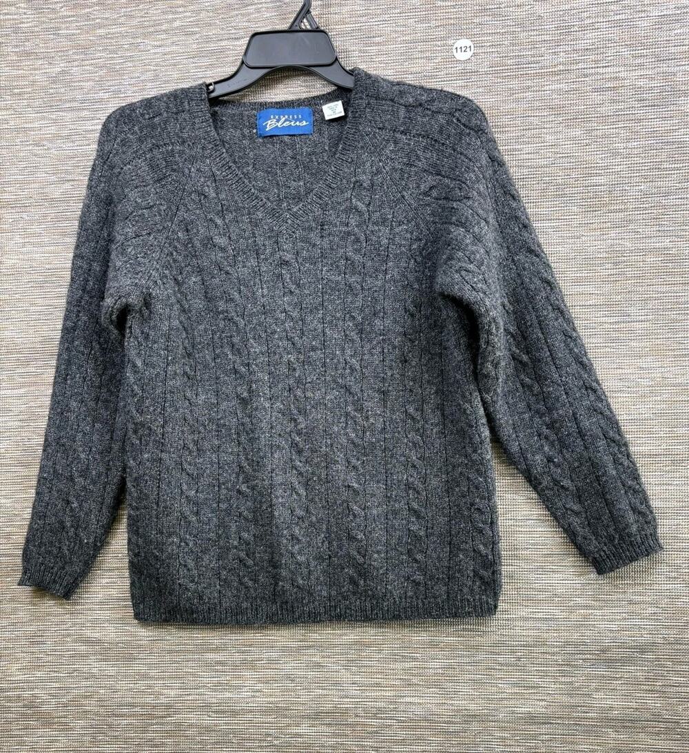 Express Bleus Sweater Mens M Gray Cable Knit V Neck Wool Pullover Made Italy